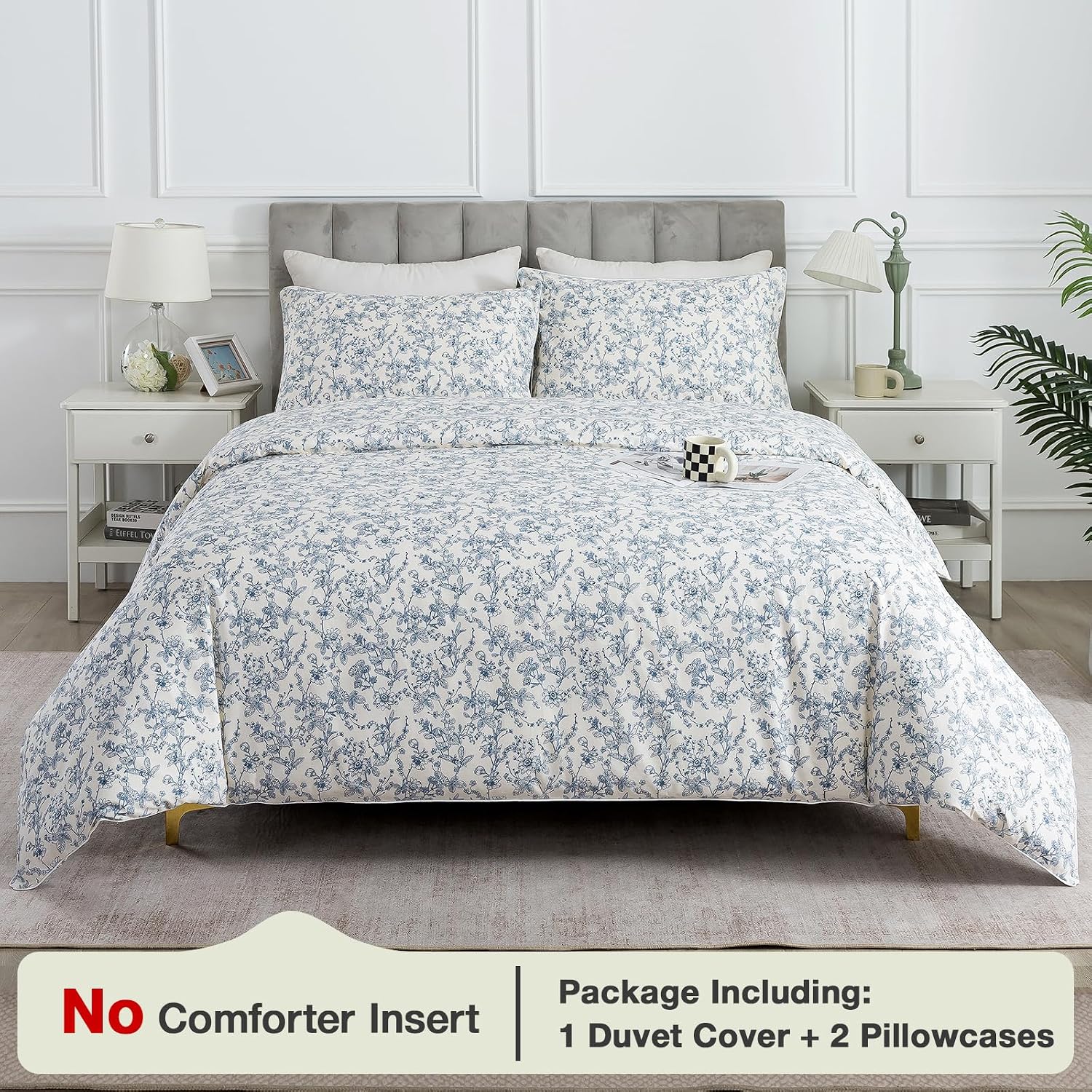 Puralens Blue Floral Duvet Cover King Size 100% Cotton, Vintage Pattern Soft Crisp Toile Comforter Cover Set, Aesthetic Cute Reversible Per…