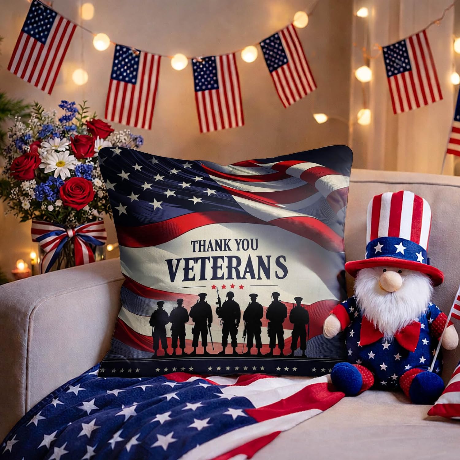 BlissYard Throw Pillow Covers 18x18 Set of 2 Thank You Veterans Pillow Covers Decorative American Flag Pillow Covers Veterans Day…