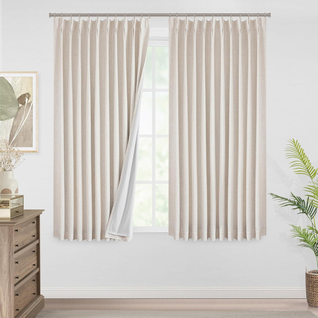 VisionHome Vision Home Natural Pinch Pleated Full Blackout Curtains Linen Blended Room Darkening Window Curtains 72 inch for Living Room Be…