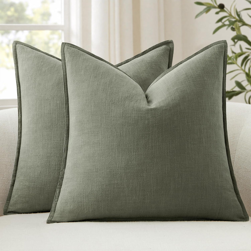 Anroduo Pack of 2 Decorative Linen Pillow Covers Olive Green Neutral Farmhouse Boho Soild Cushion Case Soft Accent Pillowcase for Couch Sof…