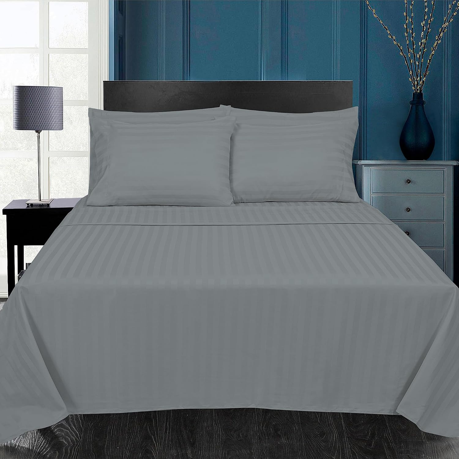 Royalelinens ROYALE LINENS 1500 Thread Count Sateen Dobby Stripe Poly/Cotton Sheet Set - 6 Piece King Bed Sheets - 1 Fitted, 1 Flat, 4 Pill…