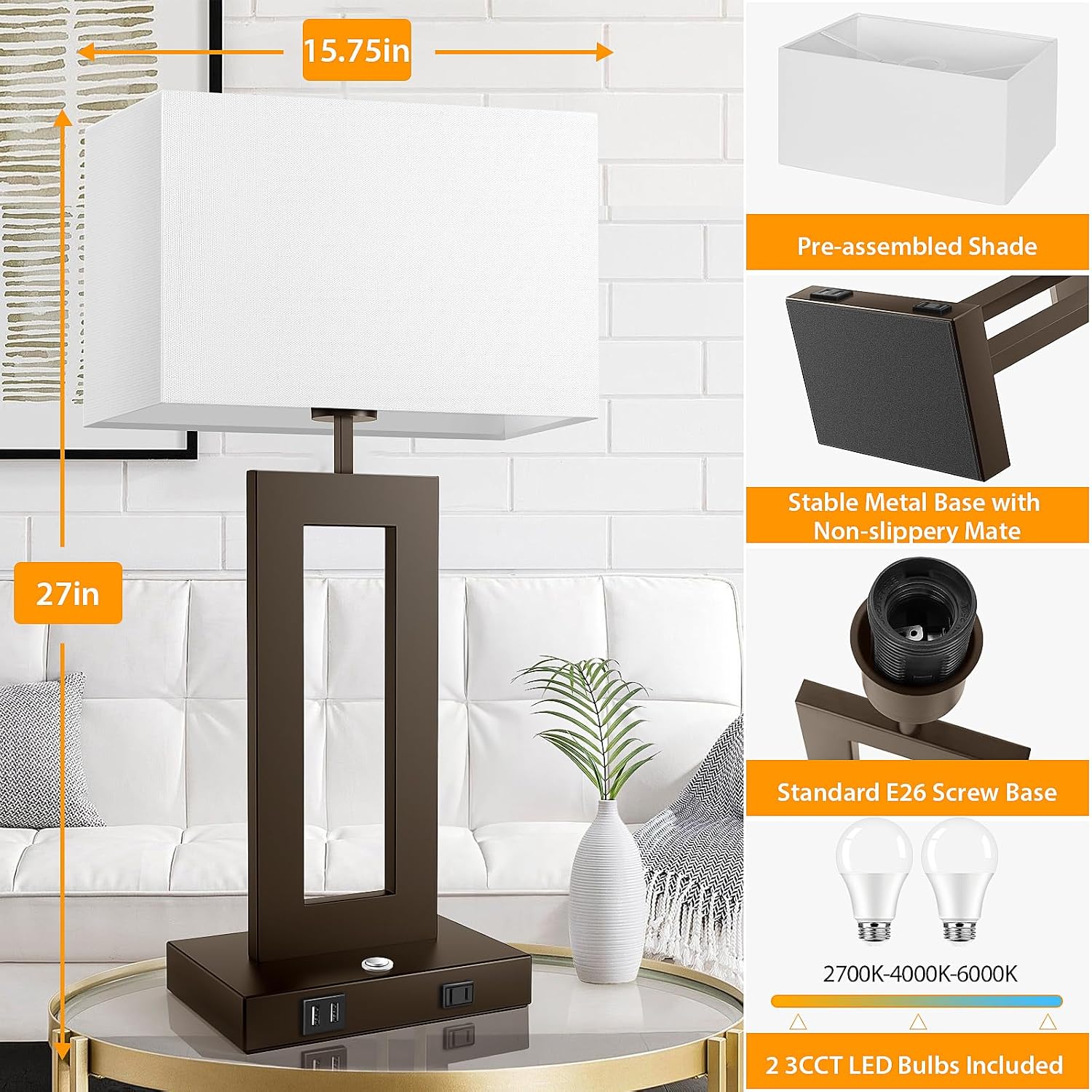 27.2’’ Tall Brown Table Lamps for Living Room Bedroom, Bedside Touch Control Lamps with 2 USB Ports&AC Outlet, 3 Color Temp.&Stepless…