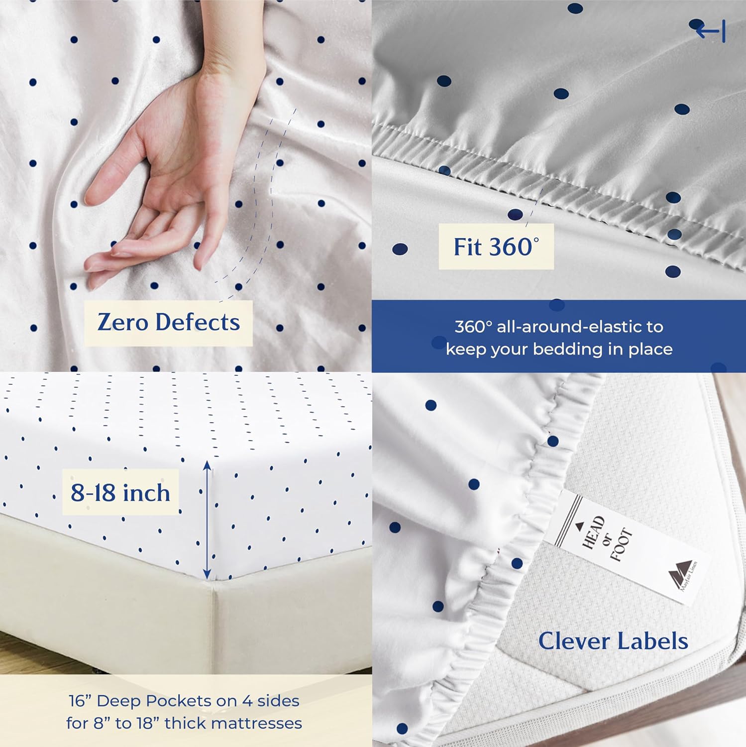 Mayfair Linen 100% Organic Cotton Printed Sheets Full Size - Percale Weave Cotton Full Size Sheet Set (4 PC, Navy Polka Dot), Soft &…
