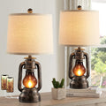 Farmhouse Lantern Table Lamps for Living Room Set of 2, Vintage Bedroom Resin Lamp with Dual USB Charging Ports, Rustic Retro Bedside…