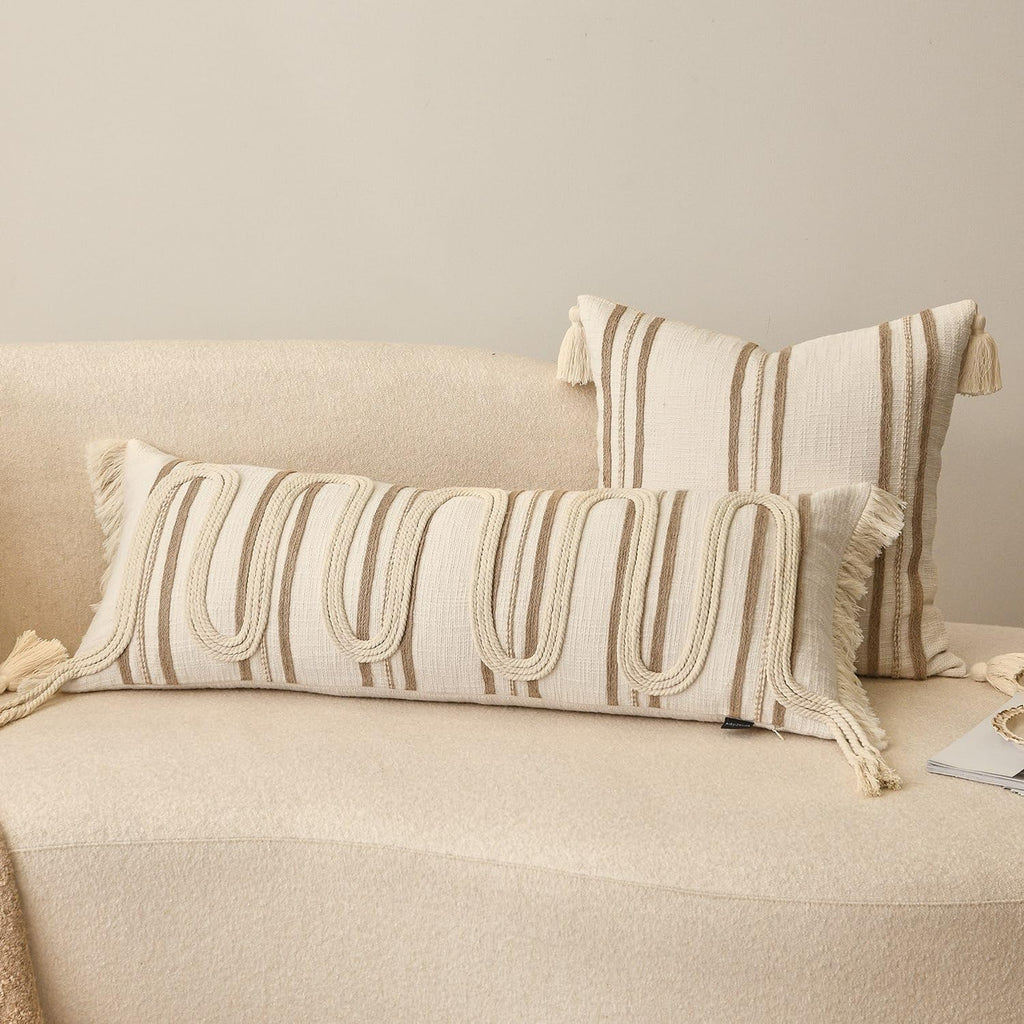 Aibuhome Beige Boho Body Pillow Cover 14x36 Inches, Handwoven Cotton Linen Lumbar Pillow Cover with Tassels, Farmhouse Decorative Cushion C…
