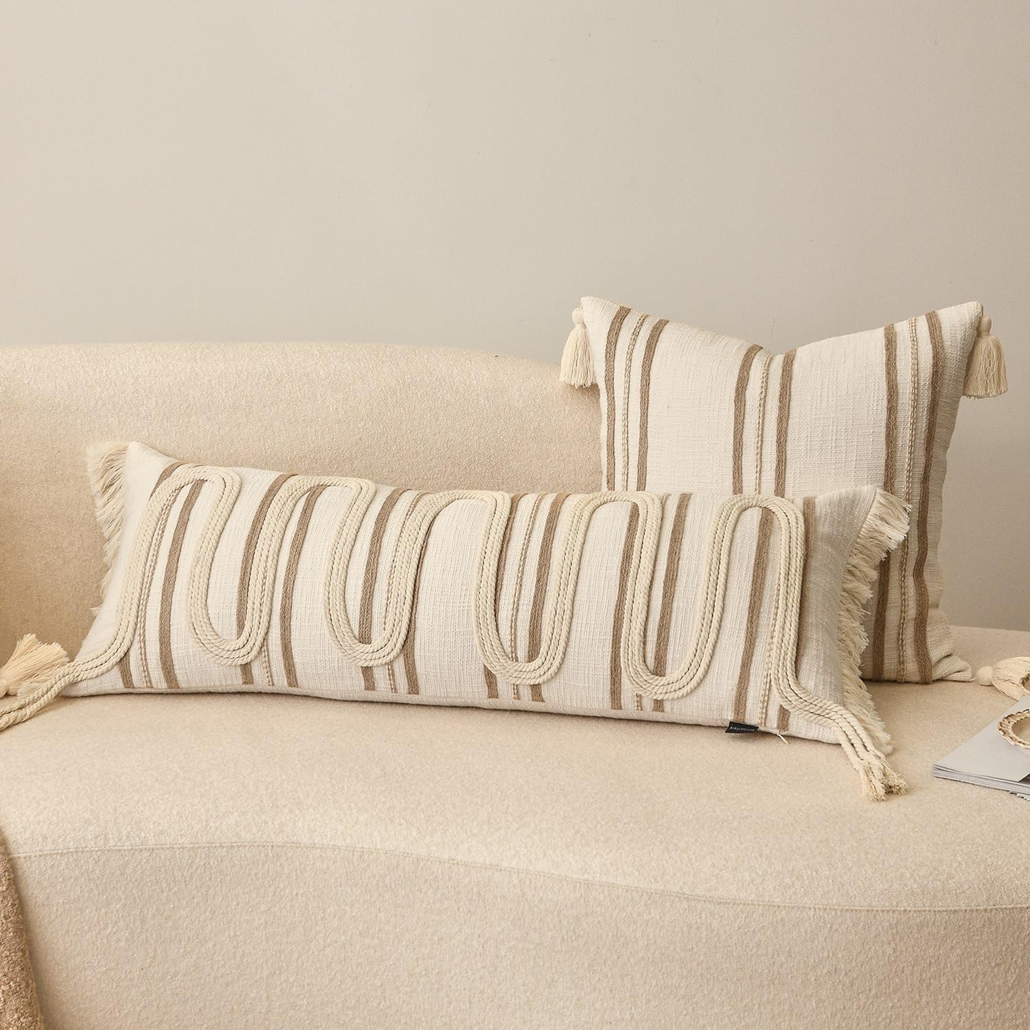 Aibuhome Beige Boho Body Pillow Cover 14x36 Inches, Handwoven Cotton Linen Lumbar Pillow Cover with Tassels, Farmhouse Decorative Cushion C…
