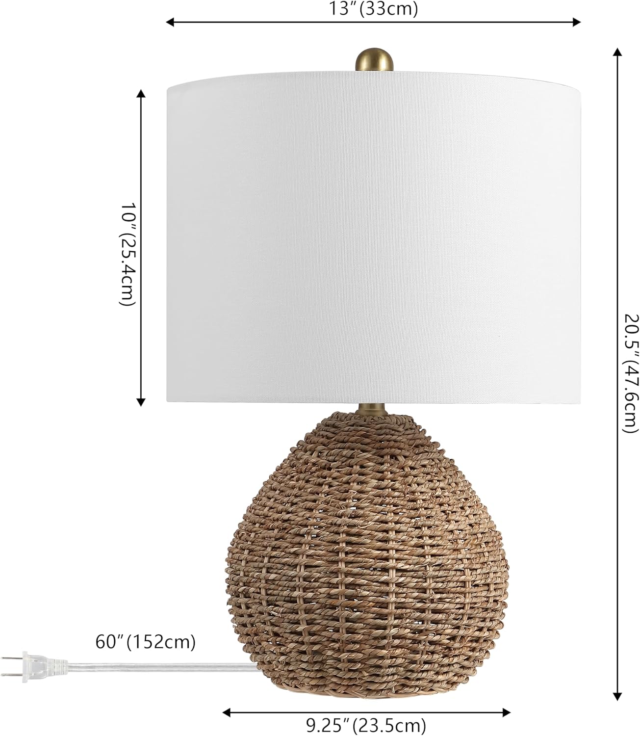 Jonathany JONATHAN Y 20.5" Brown Rattan and Iron LED Table Lamp, Coastal Bohemian Farmhouse Woven Nightstand Lamp with White Linen Drum Sha…
