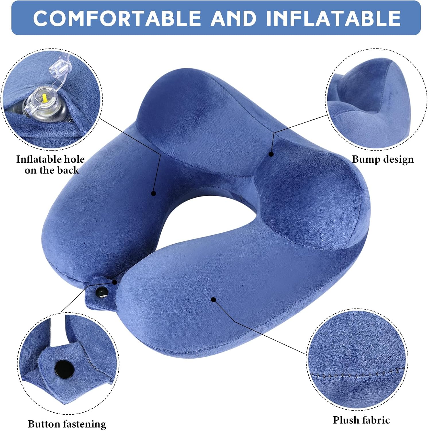 Sintuff 2 Pcs Inflatable Travel Pillow with Compact Bag and Blindfold Velvet Inflatable Neck Airplane Pillow Washable Cushion for…