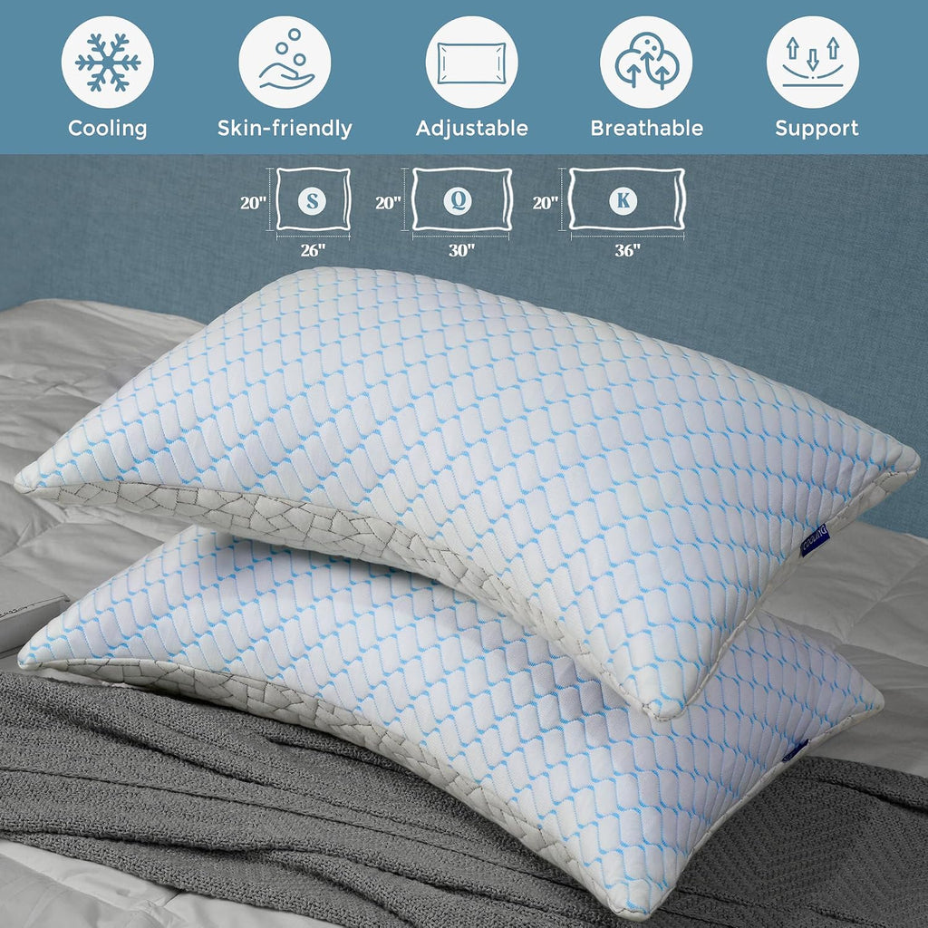 Wolki King Size Pillows Set of 2 Shredded Memory Foam Pillows 2 Pack, Adjustable Firm Pillow for Side Sleepers, Back, Stomach, Hot Sleepers…
