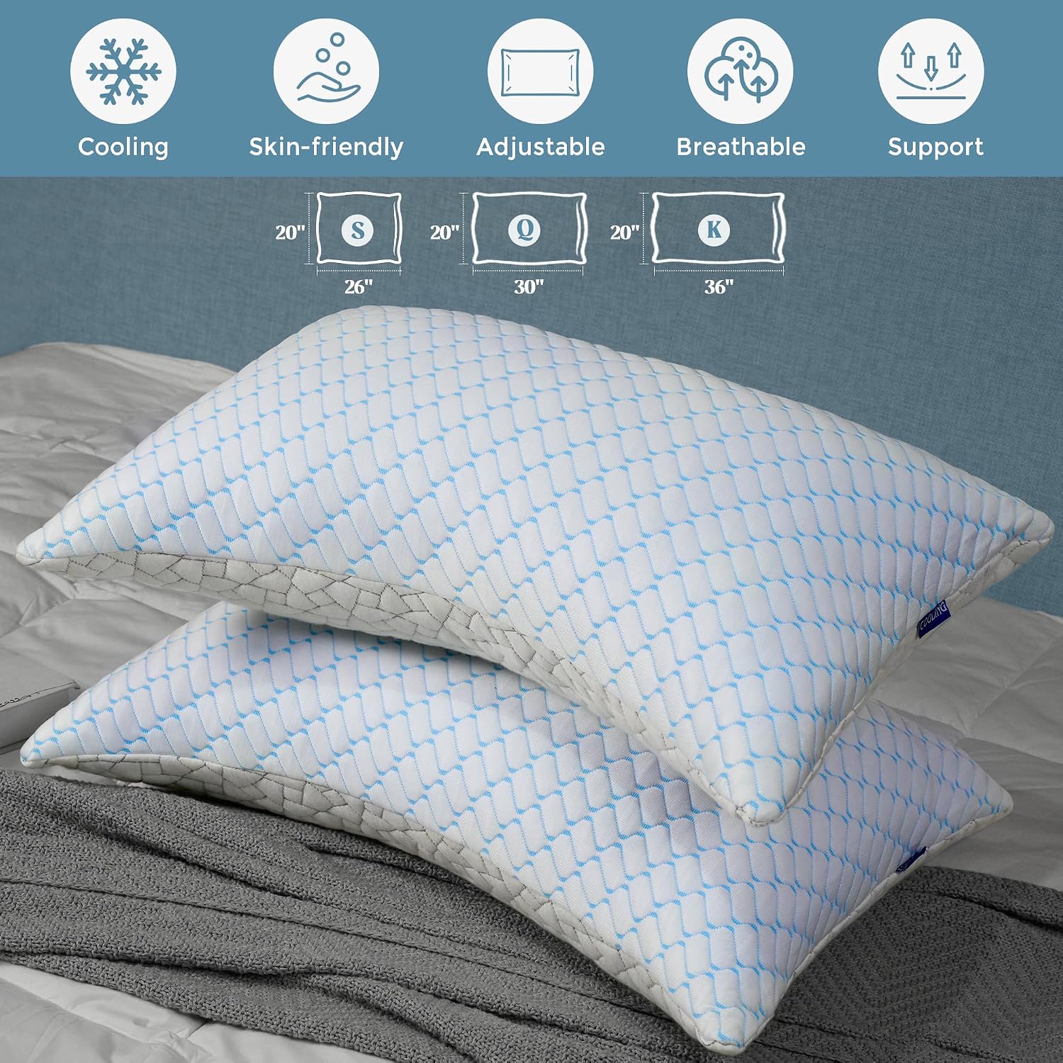 Wolki King Size Pillows Set of 2 Shredded Memory Foam Pillows 2 Pack, Adjustable Firm Pillow for Side Sleepers, Back, Stomach, Hot Sleepers…