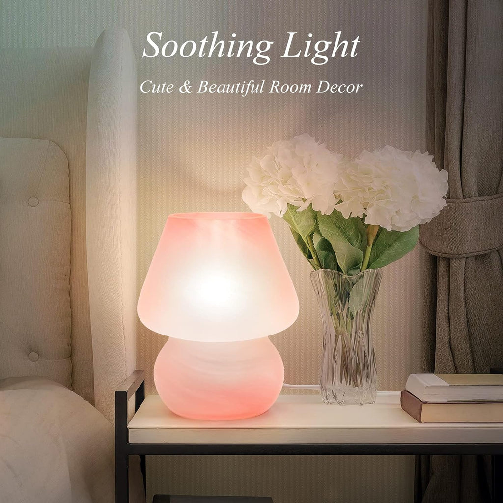 ONEWISH Mushroom Lamp Cute Table Lamp for Bedroom Nightstand Soft Light Pink, Small Glass Nightlight Stepless Dimmable Desk Lamp for…