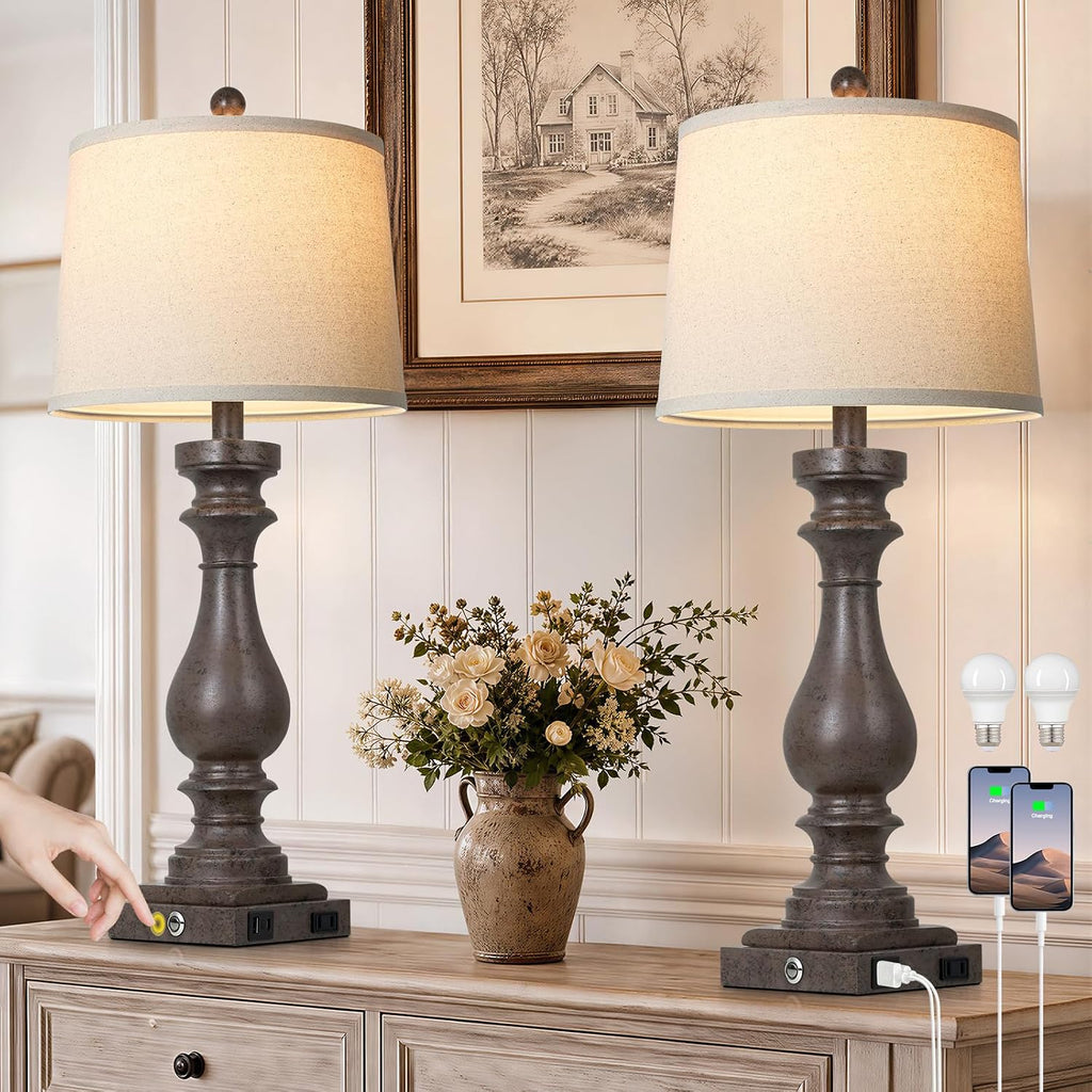 Cinkeda 29" Tall Farmhouse Table Lamp for Living Room Set of 2, Vintage Retro Nightstand Lamps with USB C+A Ports & AC Outlet,3-Way…