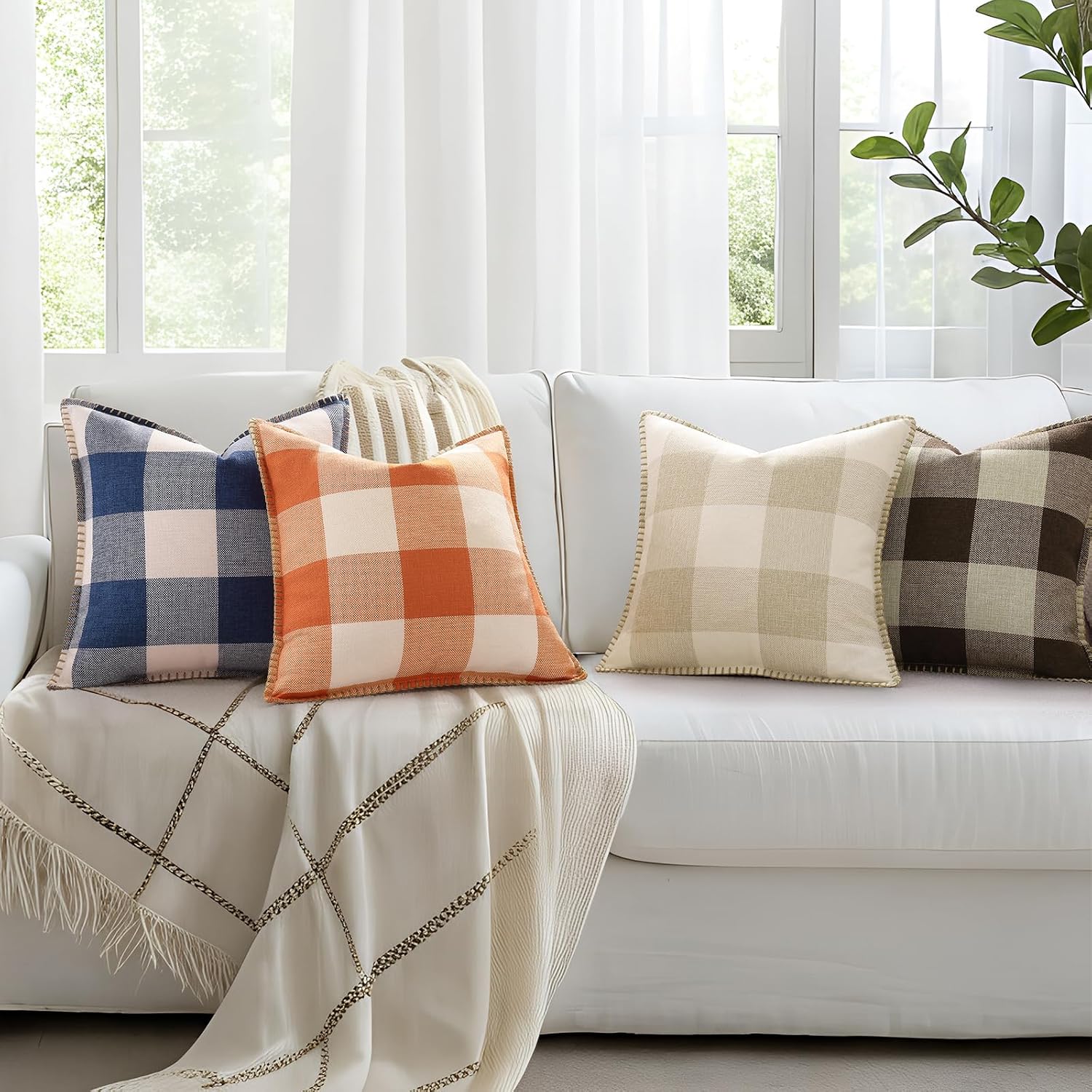 decorUhome Summer Buffalo Plaid Check Throw Pillow Covers 22x22 Set of 2 Outdoor Linen Decorative Farmhouse Gingham Euro Sham Pillow Covers…