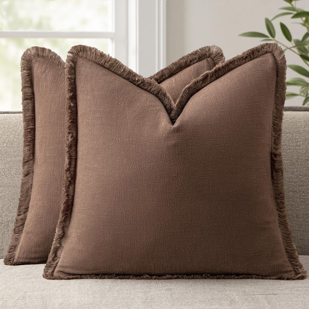 Anroduo Set of 2 Decorative Throw Pillow Covers 22×22 Inch Soft Linen Fringe Farmhouse Boho Vintage Cushion Cover with Tassels Accent Pillo…