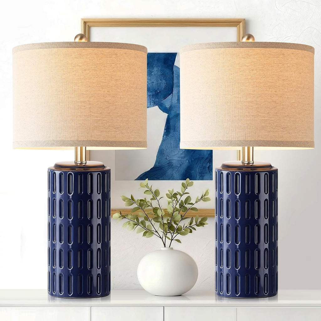 PARTPHONER 23" Farmhouse Modern Ceramic Table Lamp Set of 2 - Navy Blue Bedside Lamps for Bedroom & Living Room, Nightstand, Desk, End Table