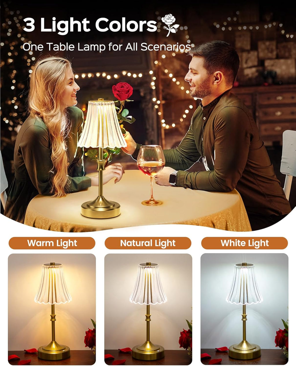 JACKYLED Vintage Cordless Table Lamp, Acrylic Crystal Flower Lamp Shade, 3 Colors Dimmable LED Golden Lamp, 5400mAh Battery Operated…