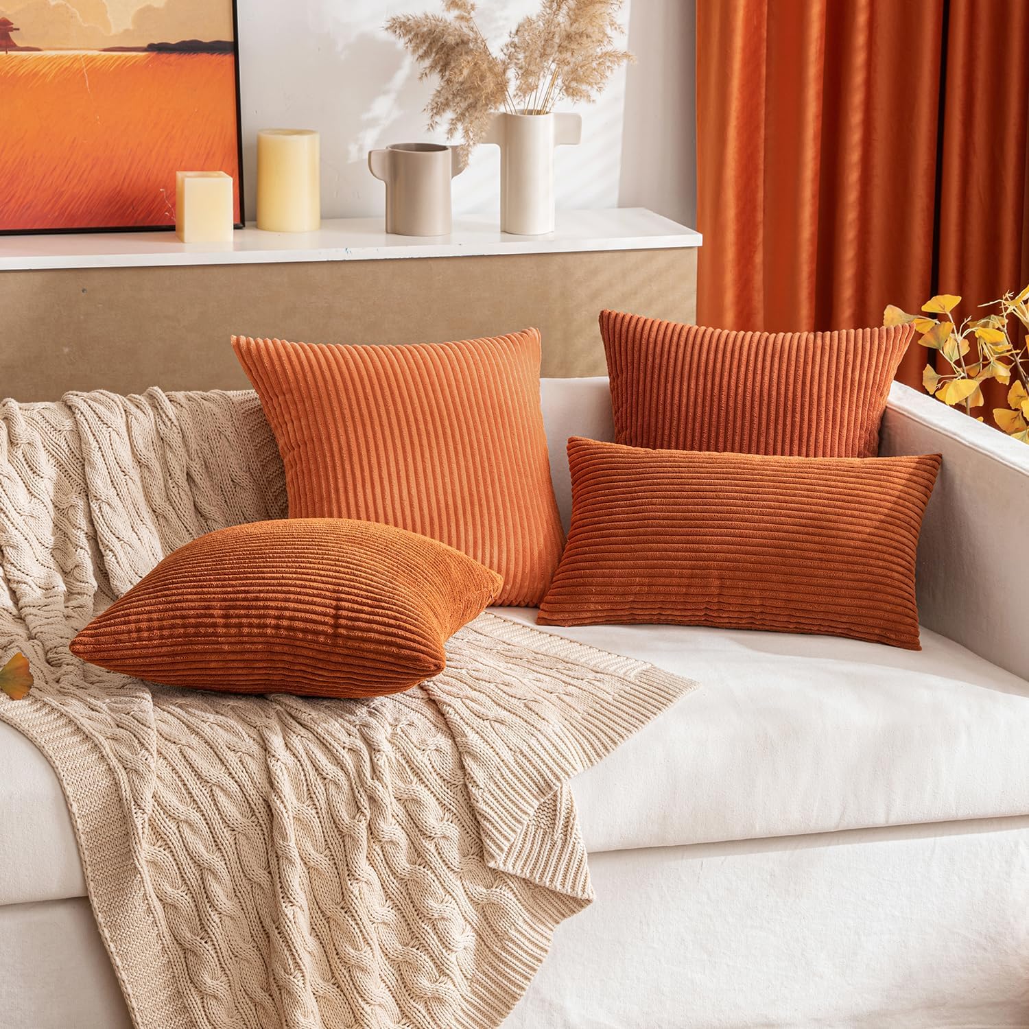MIULEE Pack of 2 Rust Pillow Covers 12x20 Inch Soft Boho Striped Corduroy Throw Pillow Covers Set Decorative Square Cushion Cases…