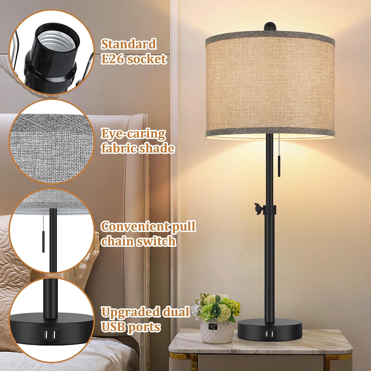 Kondras Table Lamps for Bedroom Set of 2, 23''-30'' Adjustable Height Bedside Lamps with 2 USB Ports, Black Nightstand Lamps with Grey…