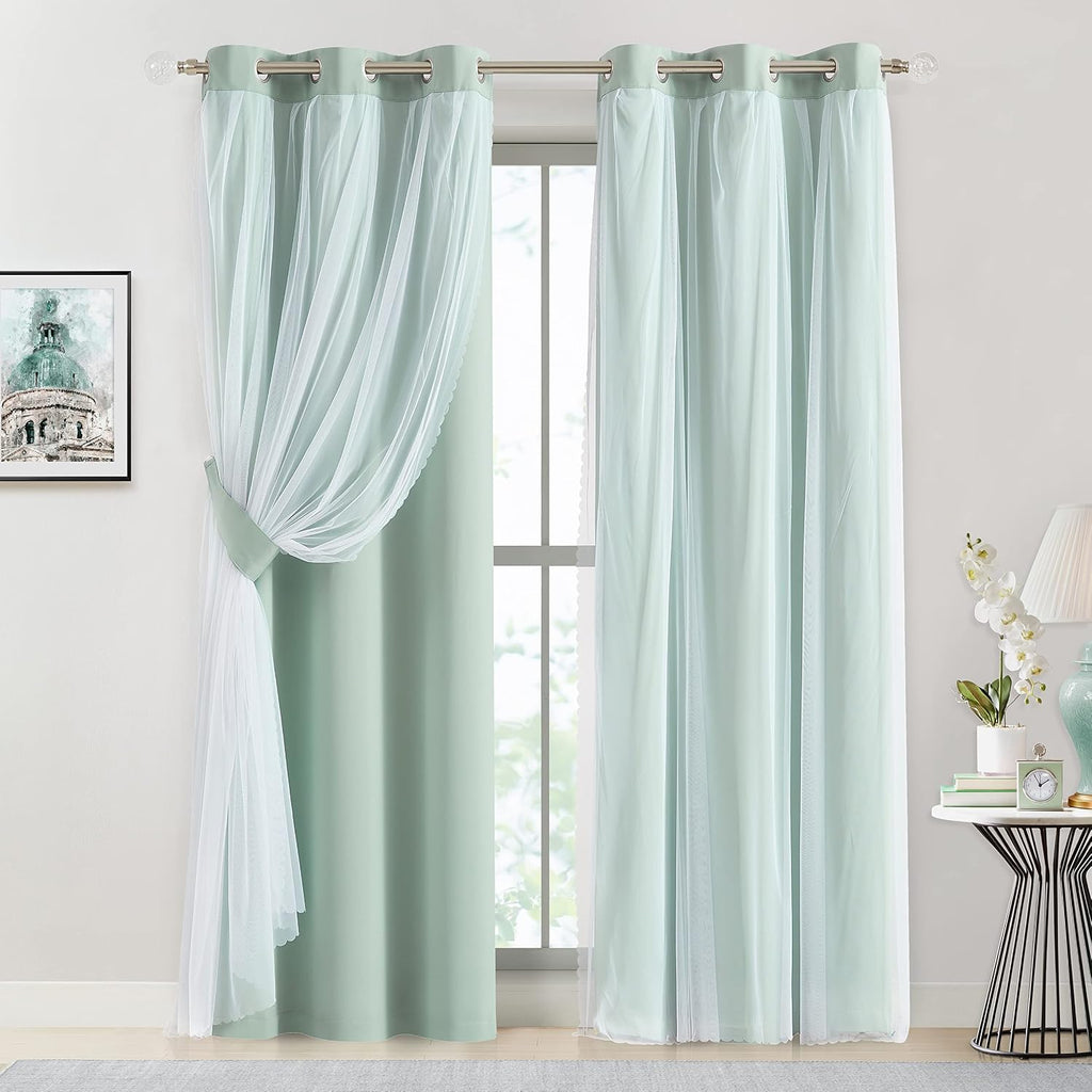 Bujasso Aqua 80% Blackout Curtains with Sheer Overlay Mix and Match Double Layer Thermal Insulated Window Panels 84 inch for Living Room Be…