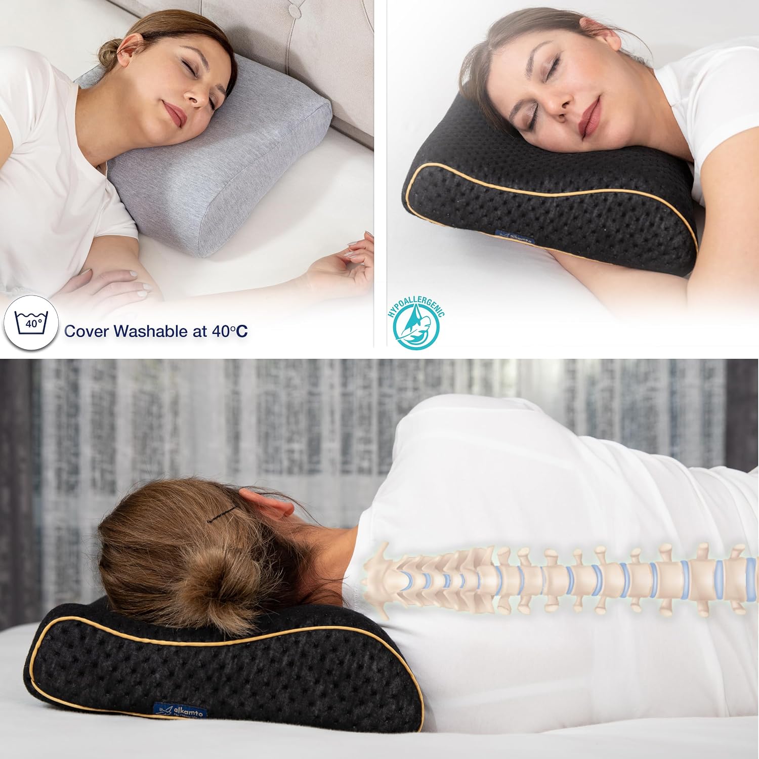alkamto Travel & Camping Comfortable Memory Foam Pillow – Easy to Carry Portable Bag – Temperature Regulating Pillow Case (Black Contour…
