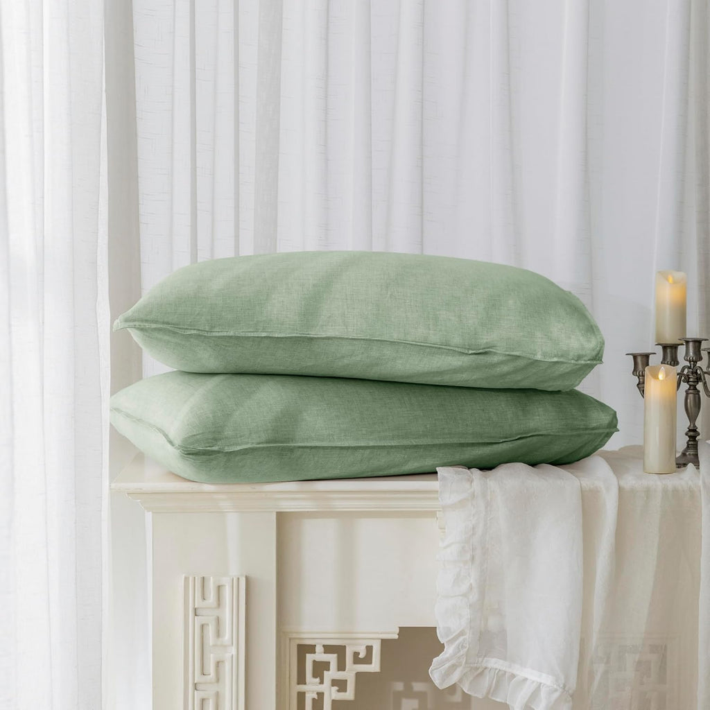 EVERLY 100% Linen Pillowcases Set of 2, Envelope Overlap Closure Natural Washed Flax Standard Queen Size 20x26 Inches - Saga Green