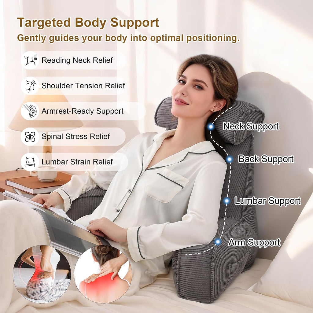 Ailuteie Reading Pillow for Sitting Up in Bed, Sofa & Floor – Corduroy Backrest Pillow with Arms, Side Pockets & Washable Cover, Bed Rest P…