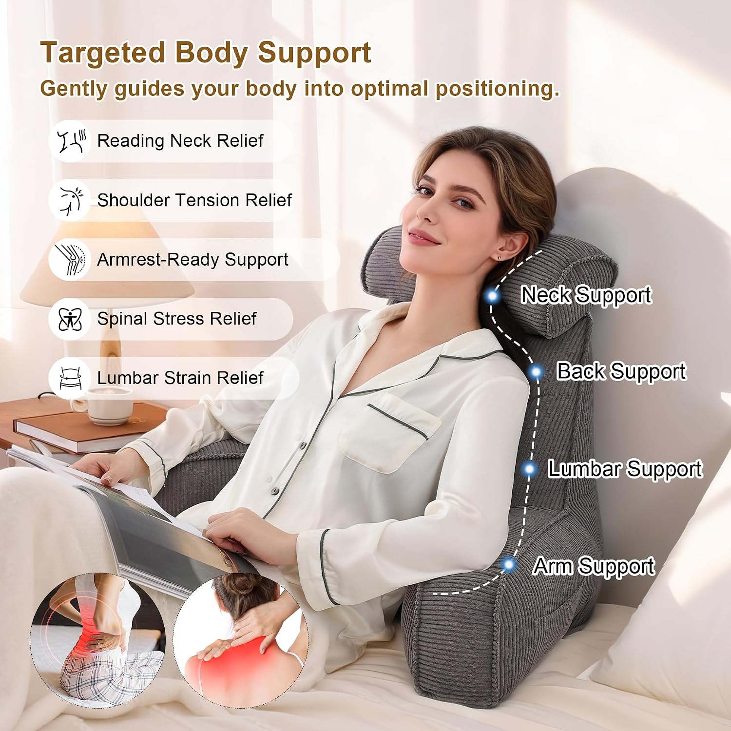 Ailuteie Reading Pillow for Sitting Up in Bed, Sofa & Floor – Corduroy Backrest Pillow with Arms, Side Pockets & Washable Cover, Bed Rest P…