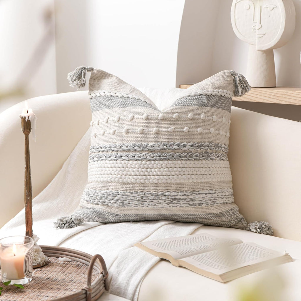 BlissBlush Gray Boho Decorative Throw Pillow Cover 18x18 Square Farmhouse Accent Cushion for Couch Sofa Livingroom Bedroom Pillowcase…