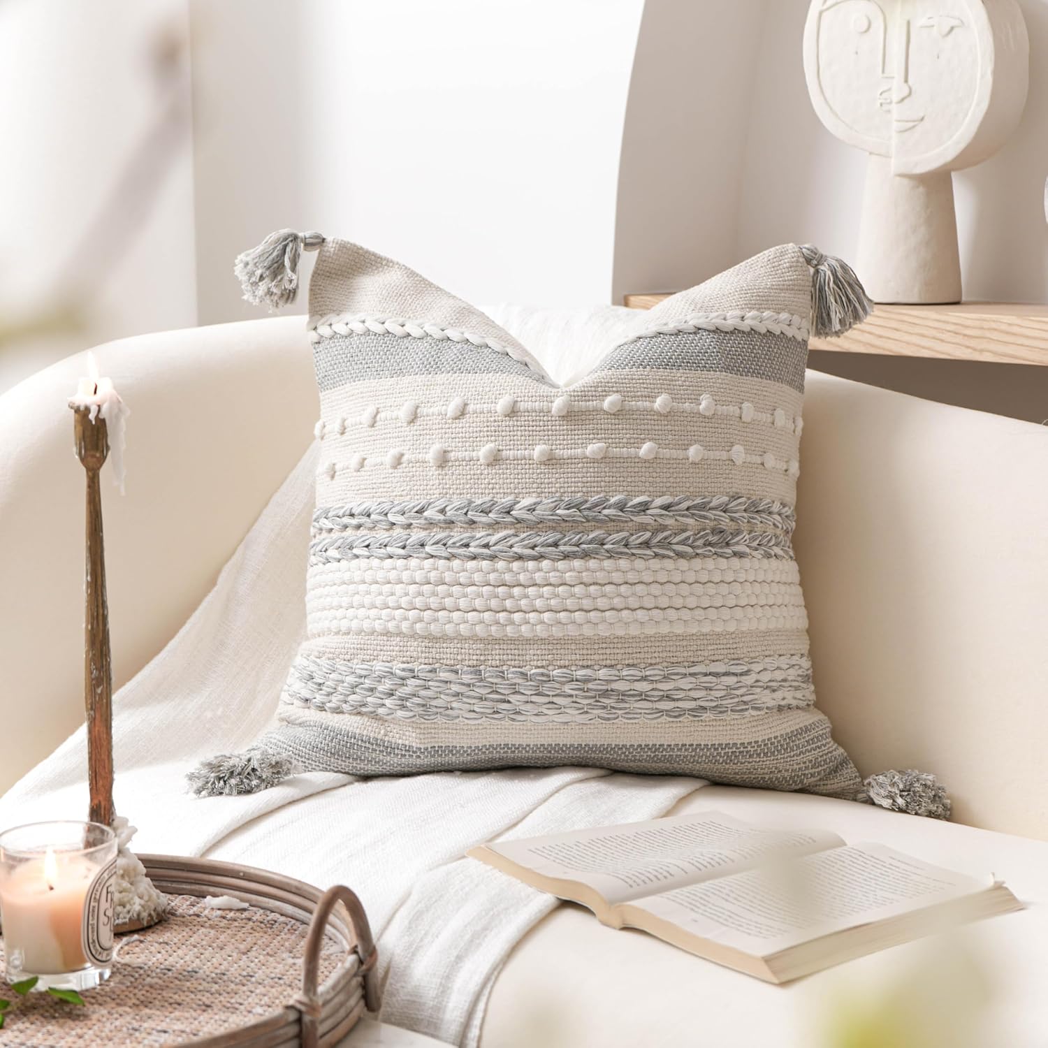 BlissBlush Gray Boho Decorative Throw Pillow Cover 18x18 Square Farmhouse Accent Cushion for Couch Sofa Livingroom Bedroom Pillowcase…