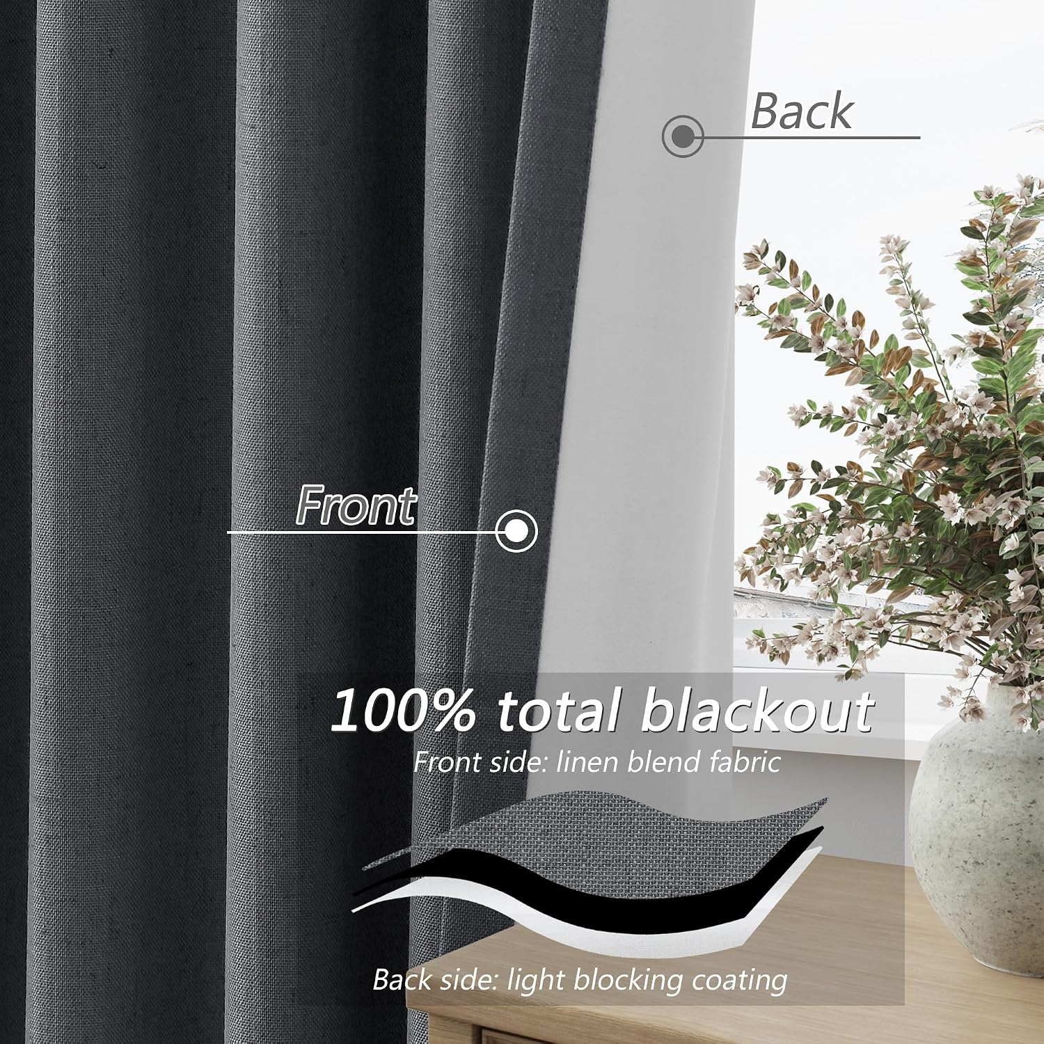 Guken 100% Blackout Curtains 102 Inch Length 2 Panels Set for Living Room Bedroom Back Tab Thermal Insulated Black Out Linen Drapes Room Da…