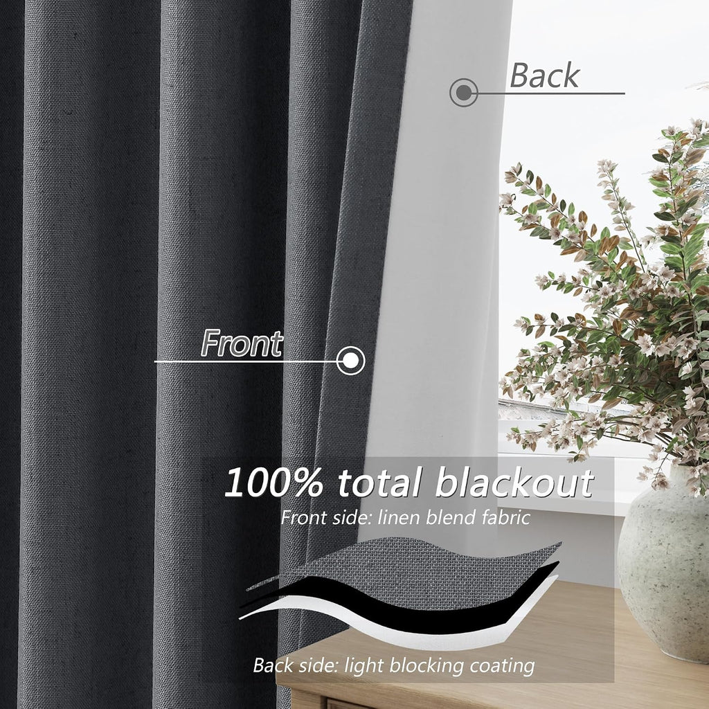 Guken 100% Blackout Curtains 96 Inch Length 2 Panels Set for Living Room Bedroom Back Tab Thermal Insulated Black Out Linen Drapes Room Dar…