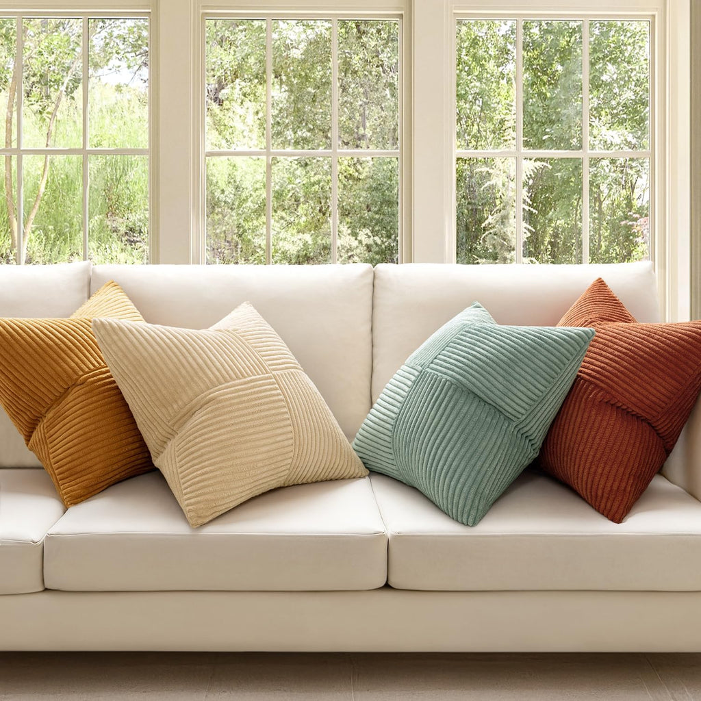 Miulee Teal Orange Decorative Throw Pillow Covers 18x18 Inch Set of 4 Boho Corduroy Striped Cushion Cases Modern Farmhouse Patchwork Pillow…