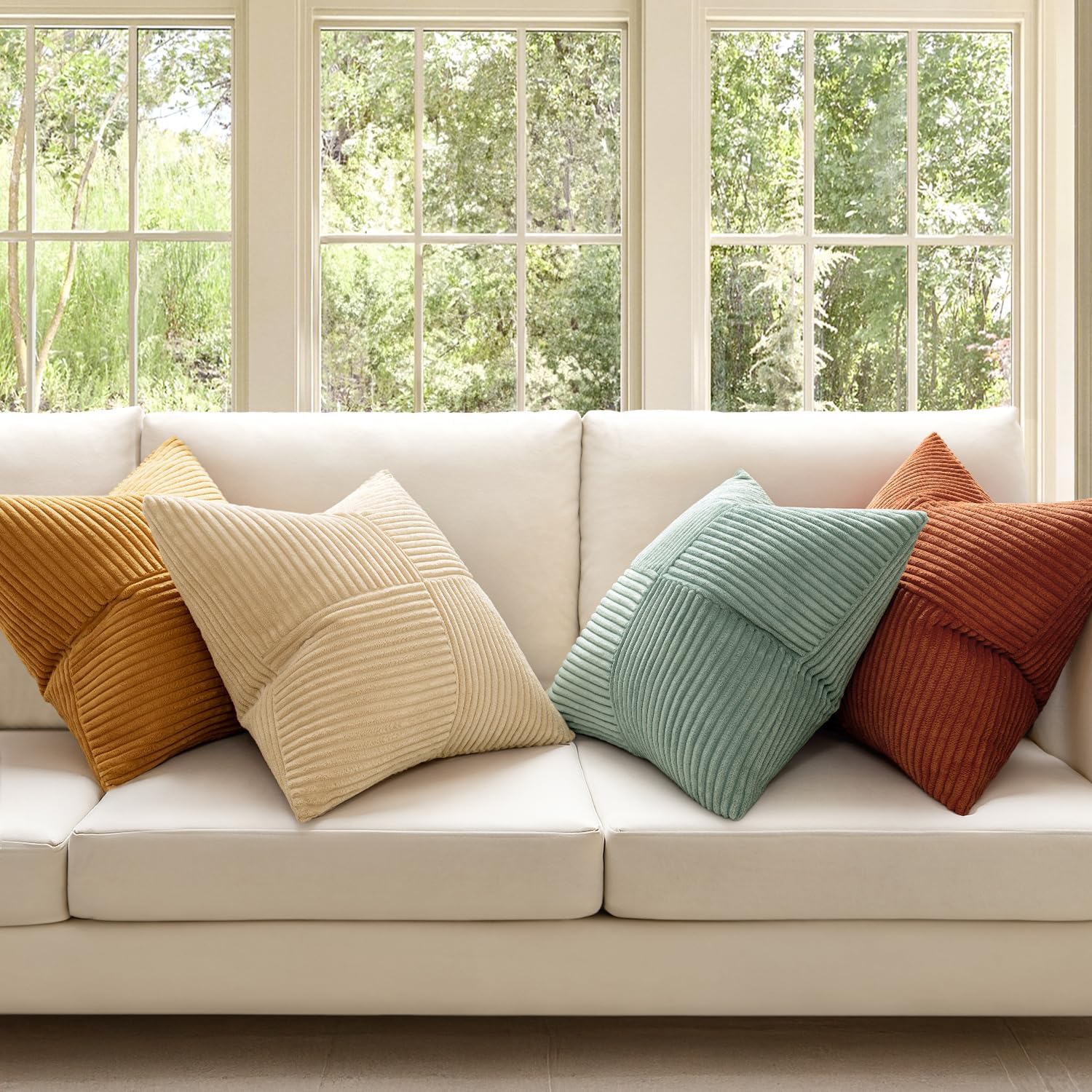 Miulee Teal Orange Decorative Throw Pillow Covers 18x18 Inch Set of 4 Boho Corduroy Striped Cushion Cases Modern Farmhouse Patchwork Pillow…