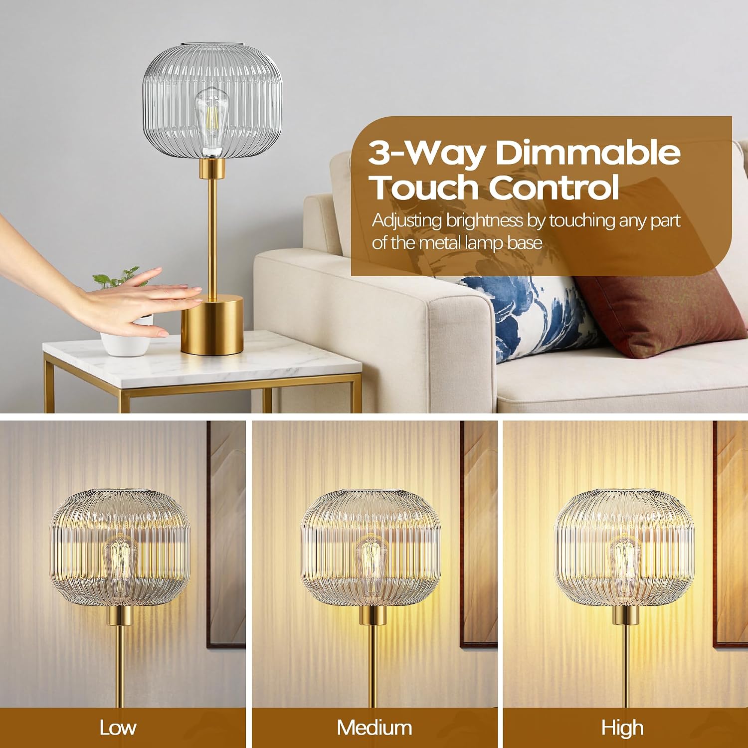 QiMH Glass Table Lamp for Living Room, Modern Bedside Lamp with Clear Ribbed Glass Shade, 3-Way Dimmable Touch Control Nightstand Lamp…