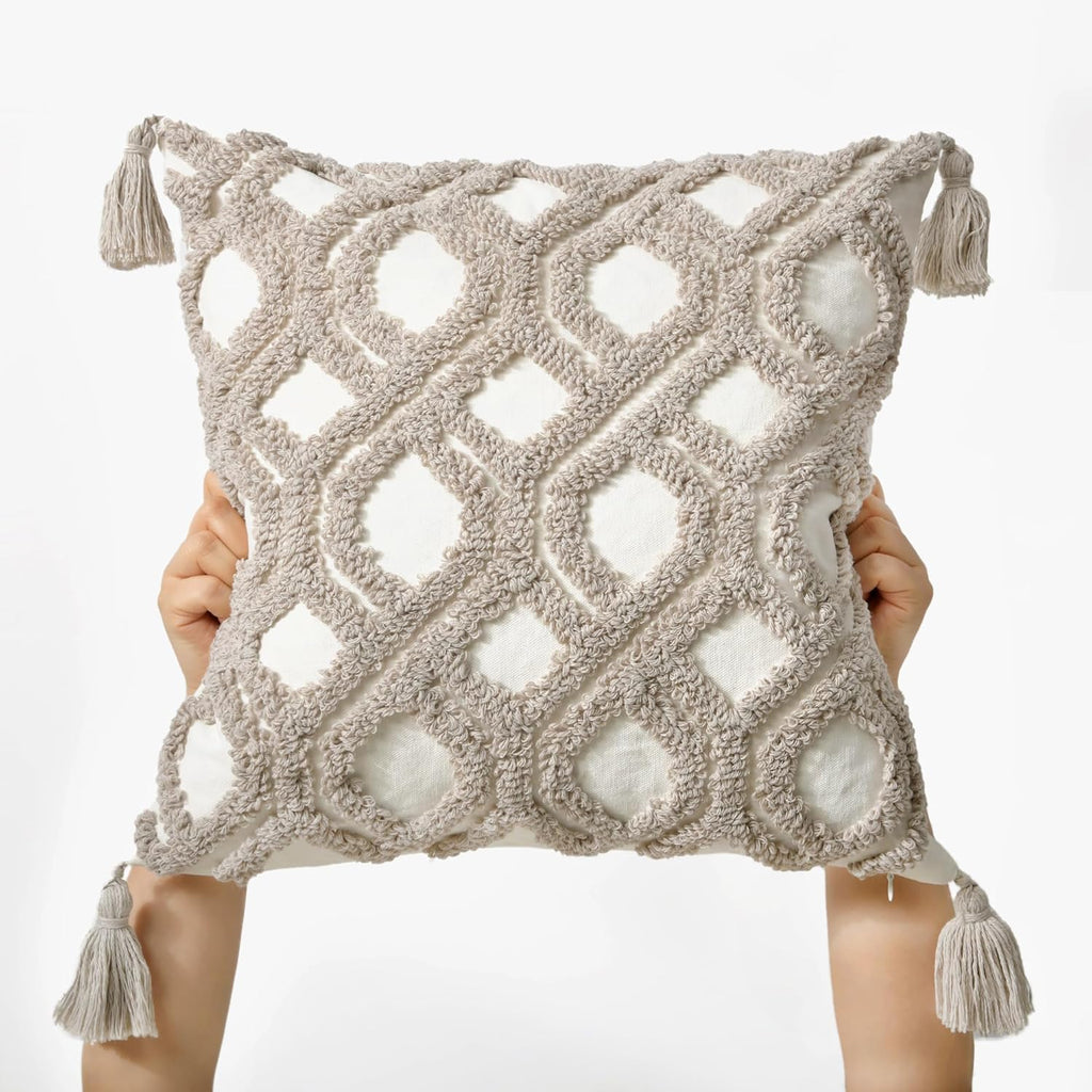 Loopuinhom Boho Pillow Covers 18X18 Inch Boho Tufted Throw Pillow Covers Decorative Tassels Cushion Cover Farmhouse Pillow Case for Couch S…