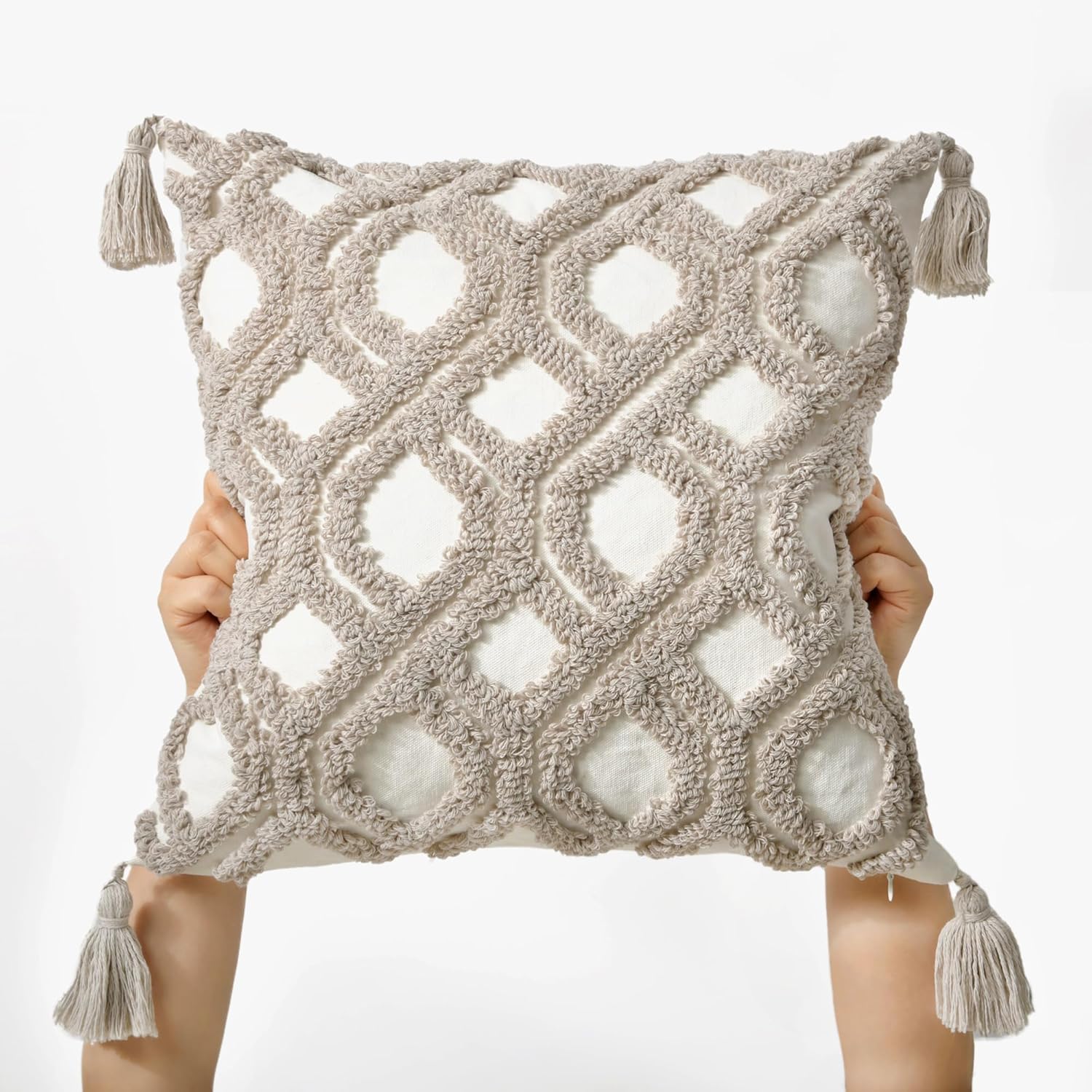 Loopuinhom Boho Pillow Covers 18X18 Inch Boho Tufted Throw Pillow Covers Decorative Tassels Cushion Cover Farmhouse Pillow Case for Couch S…