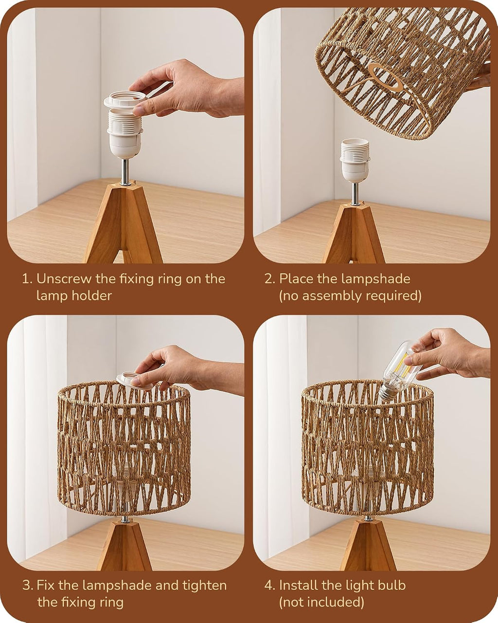 EDISHINE Small Table Lamp, Rattan Wood Tripod Bedside Lamp, Boho Nightstand Lamp for Living Room, End Table, Office, E26 Base, Natural Style