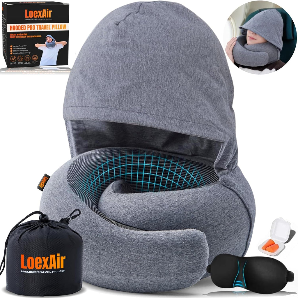 LOEXAIRTM Hooded Pro Travel Pillow - Memory Foam Neck Support Pillow for Airplane, Flight - Super-Soft Pure Cotton Fabric, Maximum Privacy…