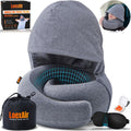 LOEXAIRTM Hooded Pro Travel Pillow - Memory Foam Neck Support Pillow for Airplane, Flight - Super-Soft Pure Cotton Fabric, Maximum Privacy…
