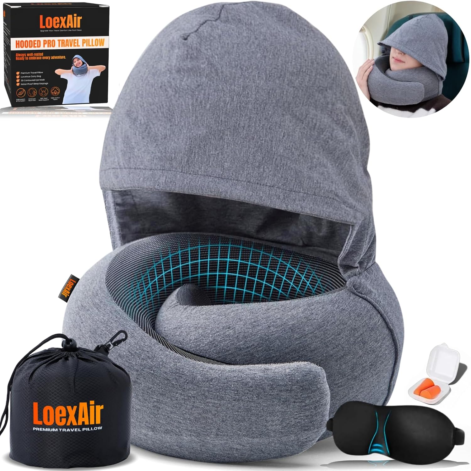 LOEXAIRTM Hooded Pro Travel Pillow - Memory Foam Neck Support Pillow for Airplane, Flight - Super-Soft Pure Cotton Fabric, Maximum Privacy…