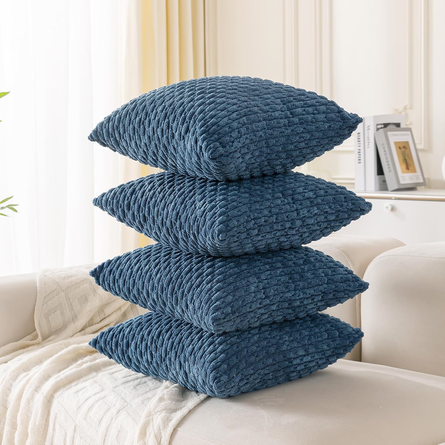 Cozoomy Set of 4 Blue Decorative Throw Pillow Covers 20x20 Inch Corduroy Pillow Covers for Bed Couch Sofa Living Room Soft Square Cushion C…