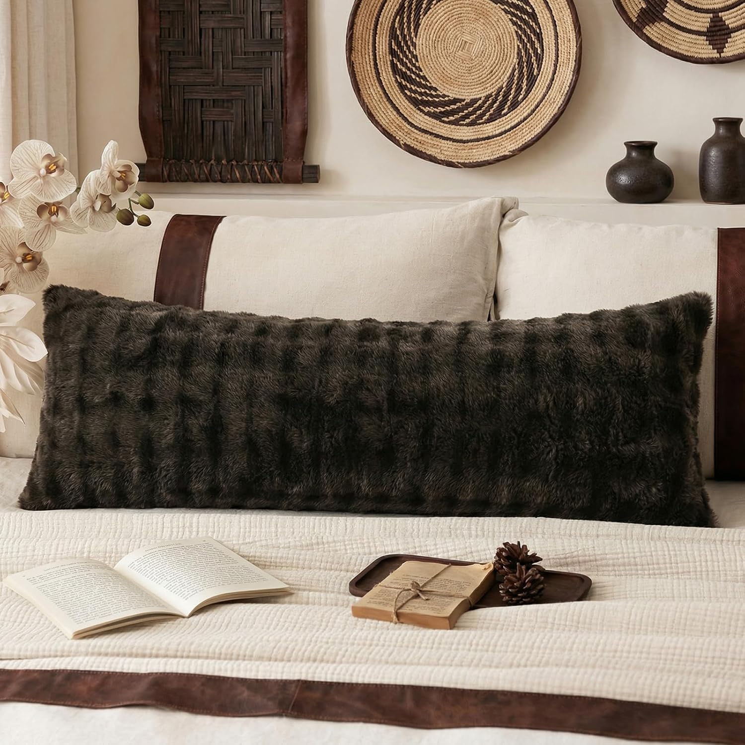 Chumerry Dark Brown Fluffy Body Pillow Cover Faux Fur Pillowcase Extra Soft Fuzzy Plush Long Pillow Cover Coffee Shaggy Body Pillow Case fo…