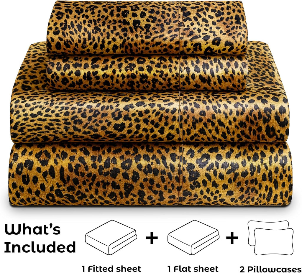 PureBedding Satin Sheets Full [4-Piece, Gold Leopard] Hotel Luxury Silky Bed Sheets - Extra Soft 1800 Microfiber Sheet Set, Wrinkle, Fade,…