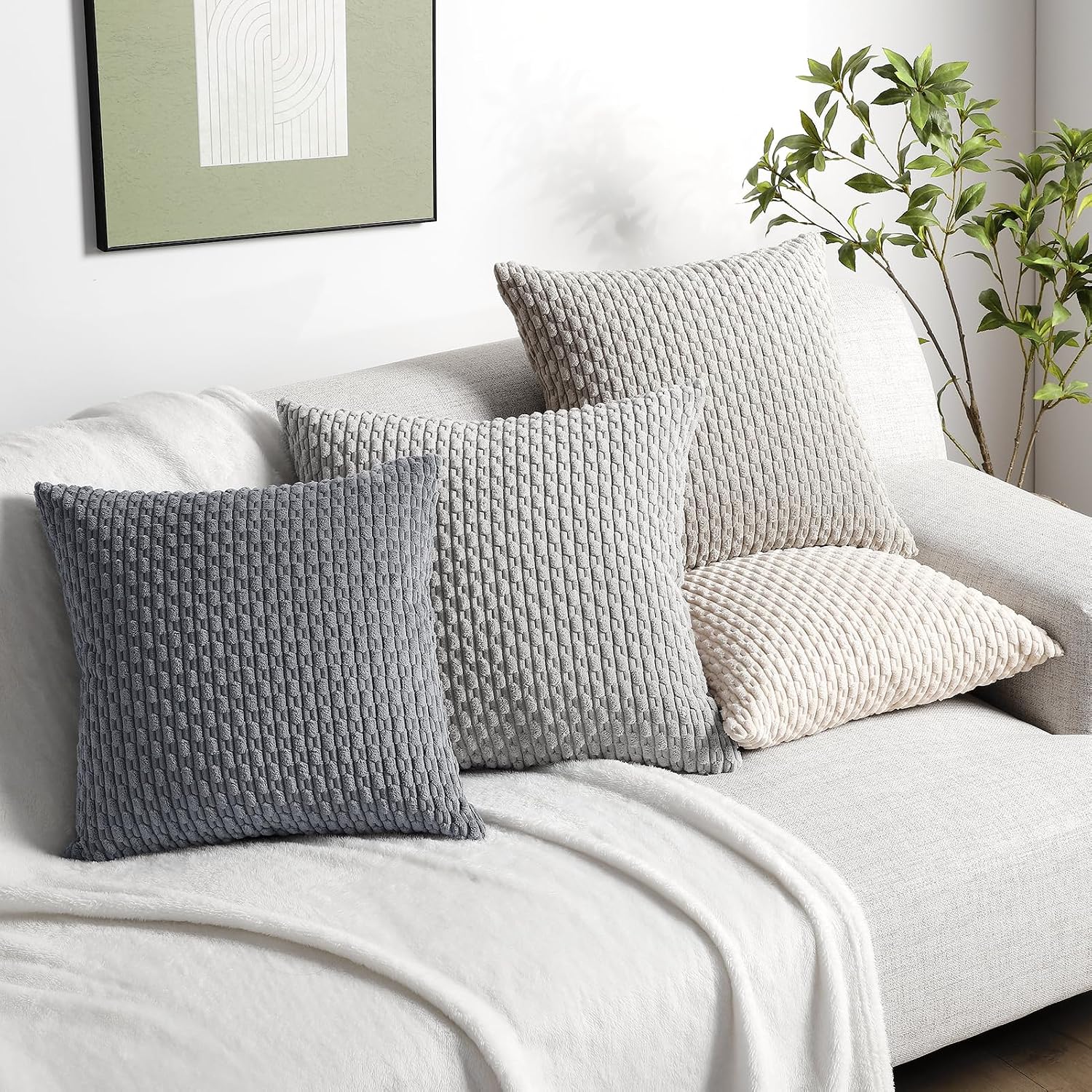 Softalker Throw Pillow Covers 20x20 Inch, Set of 4, Soft Corduroy Boho Stripe Decorative Pillow Cover, Couch Fluffy Pillow Cover for…