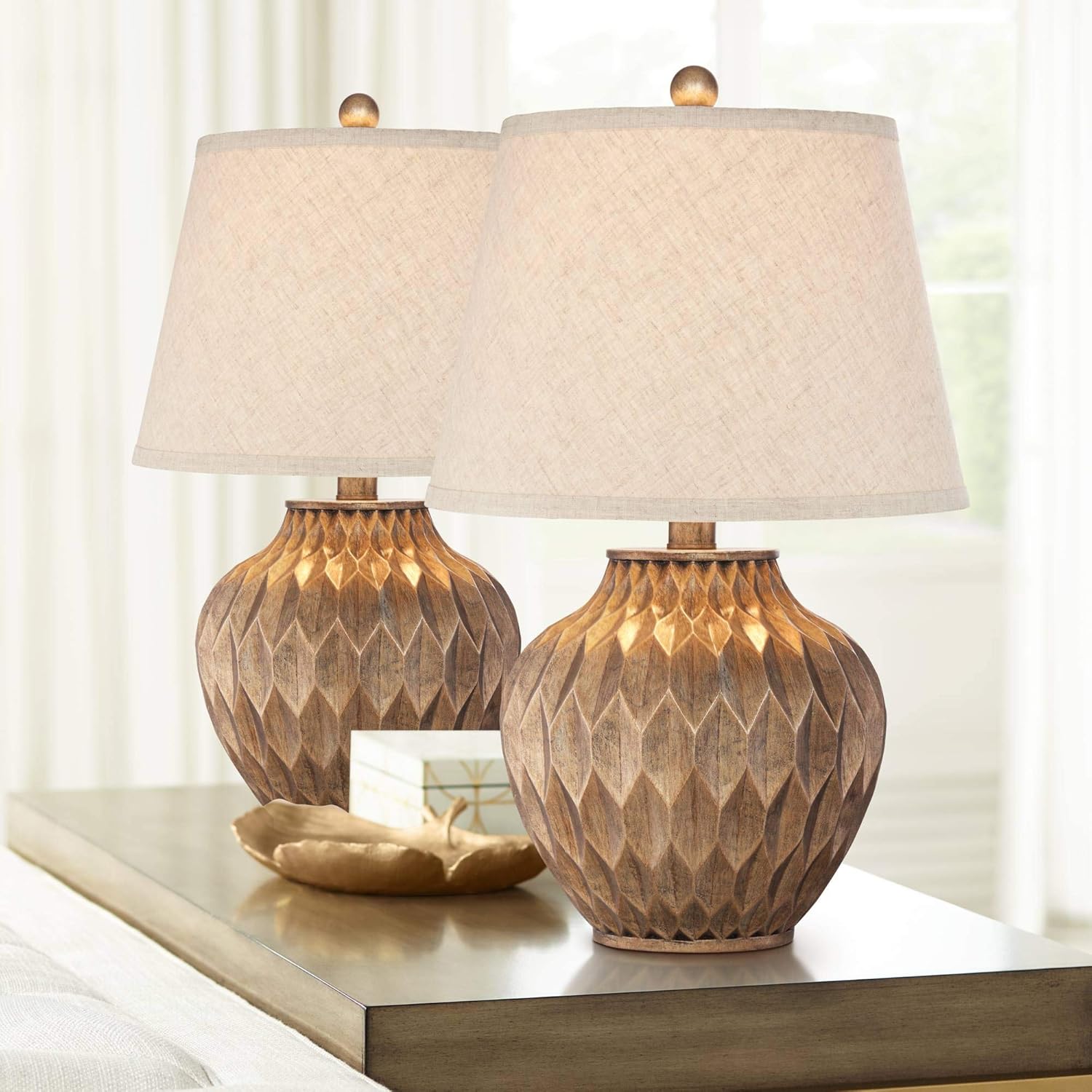 360 Lighting Buckhead Traditional Style Small Accent Table Lamps 22" High Set of 2 Warm Bronze Geometric Urn Tapered Drum Shade for…