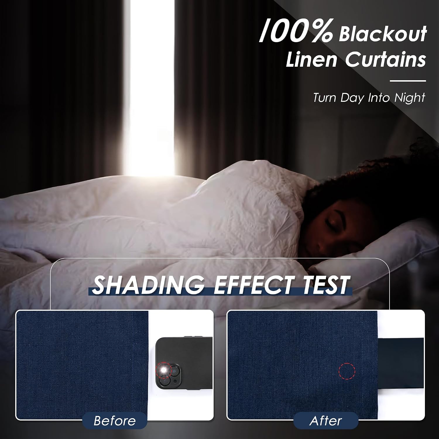 Nanspring Navy Blue 100% Blackout Linen Curtains for Bedroom 100 Inches Long Back Tab Thermal Insulated Modern Luxury Nautical Decor Black…