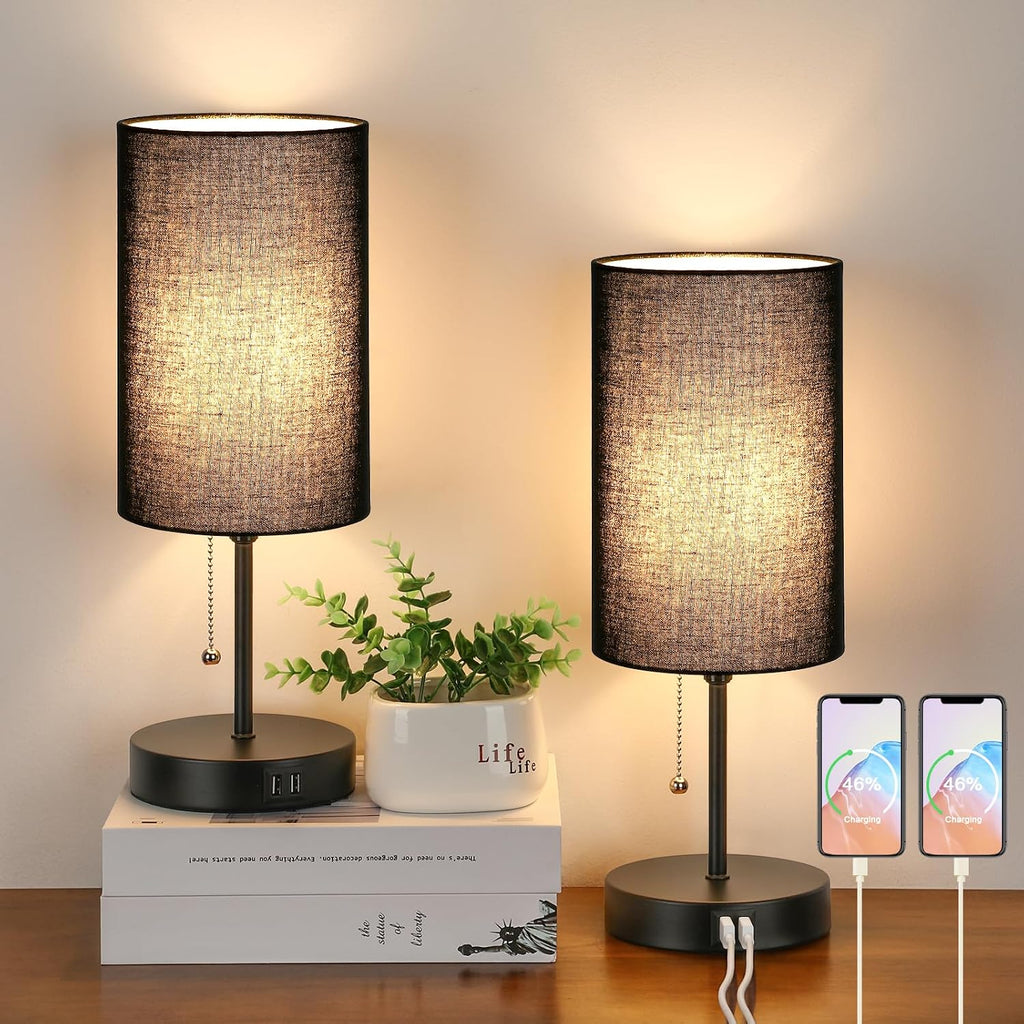 Set of 2 Table Lamps with 2 USB Ports, Bedside Lamps for Bedrooms, Modern Nightstand Lamps with Pull Chain, Minimalist Desk Lamps with…