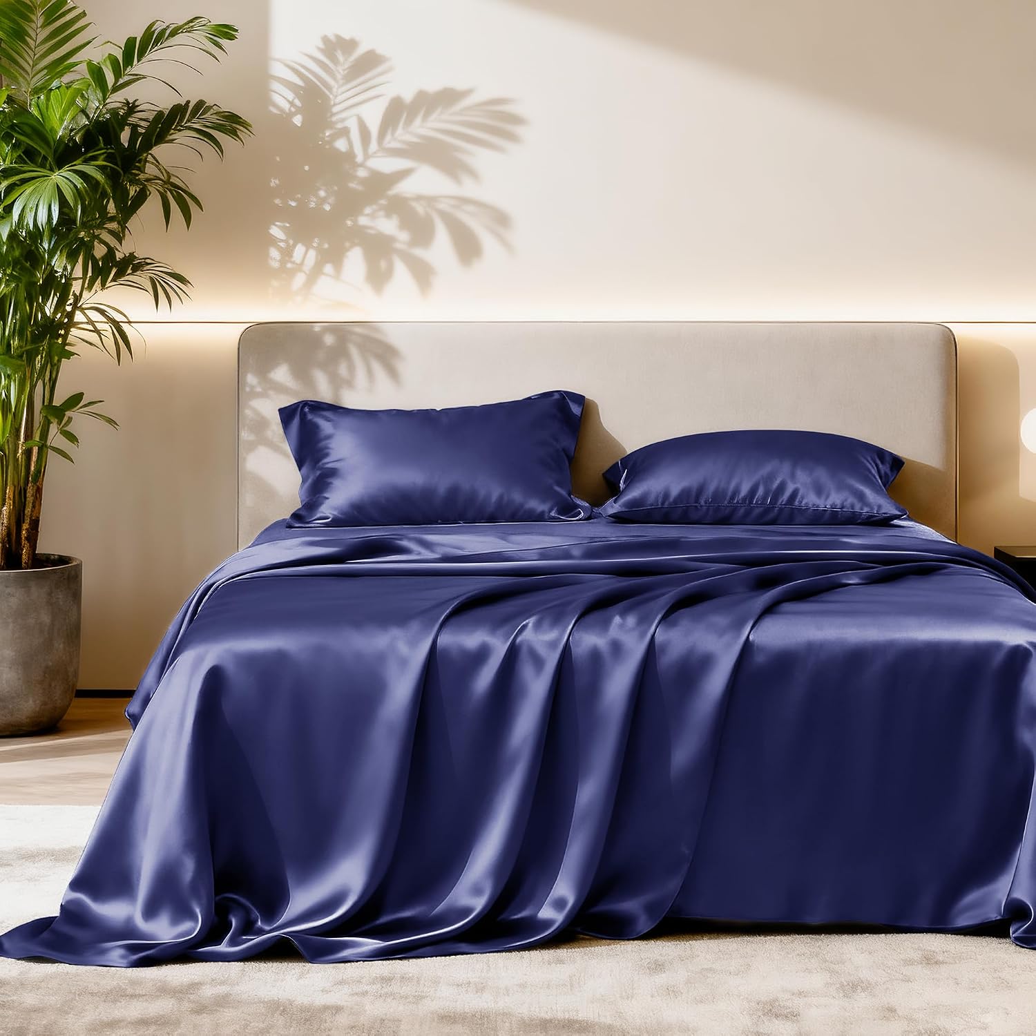 Lovescabin Love's cabin California King Satin Sheet Sets - 4 Piece Navy Blue Silky Sheets Bed Set with Deep Pocket, Luxury Silk Feel Satin…