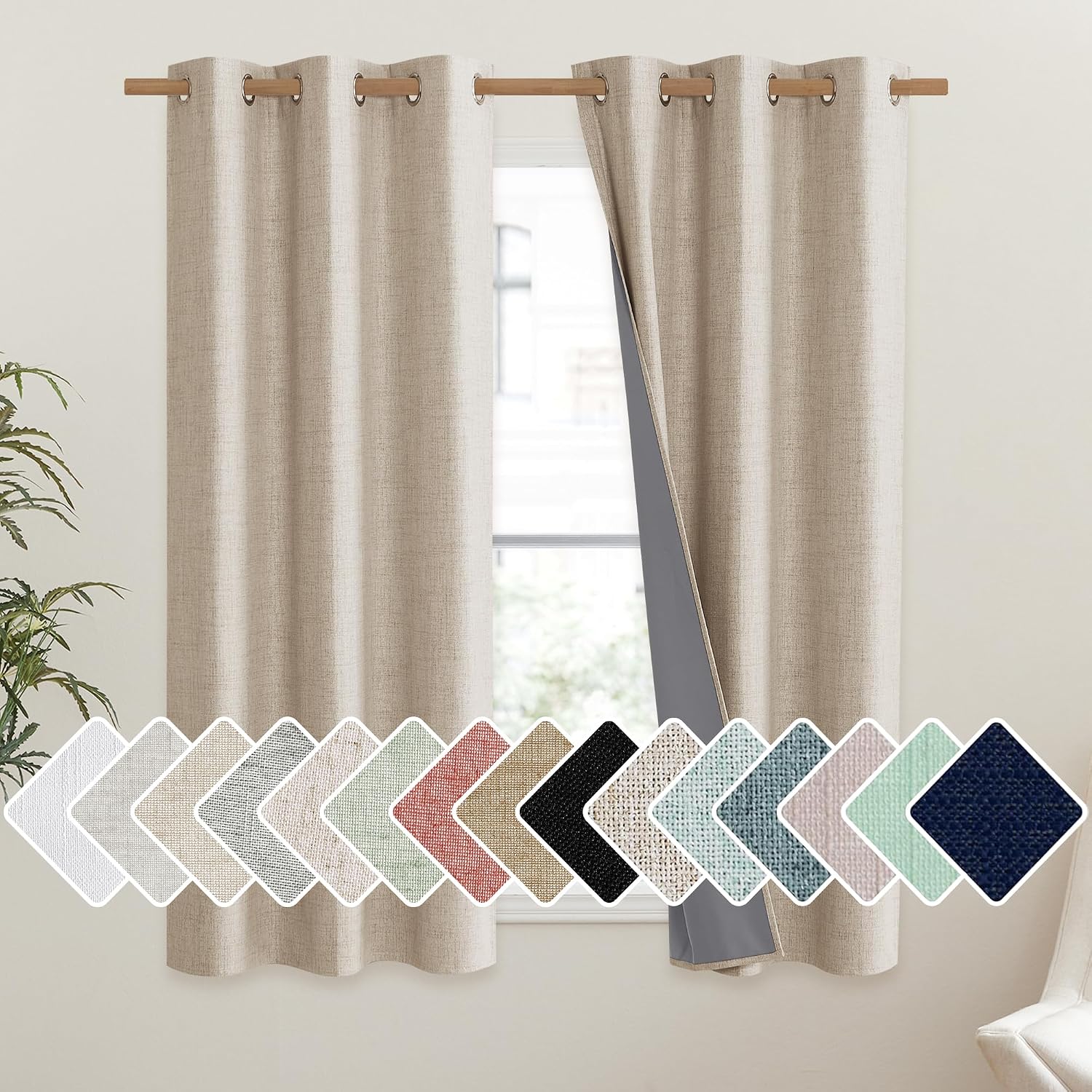 NICETOWN Cream 100% Blackout Linen Curtains 45 inch Long Burg for Dining Room, 1 Pair, 42" Width Each Panel, Farmhouse Thick Completely…