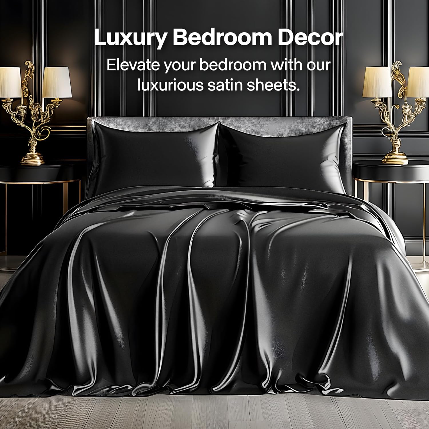 Bedelite Satin Sheets Queen Size Bed Set, Luxury Soft Black Silky Sheets for Hair and Skin, Similar to Silk Bed Sheets Set 4 Pieces with 1…